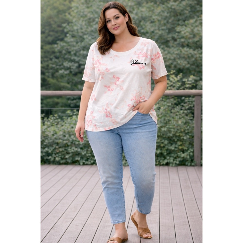 Glamour‎ x Lane Bryant Womens Plus Size 26/28 Floral Graphic T-Shirt White Pink